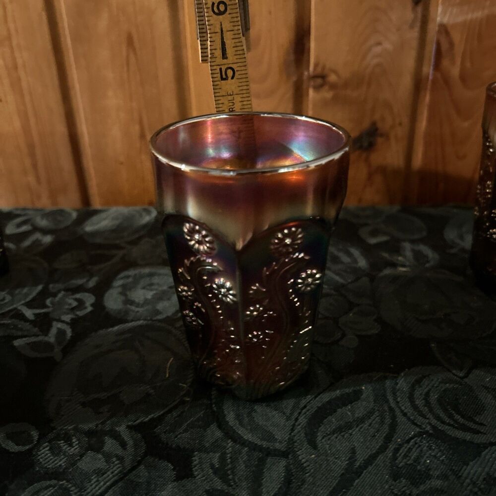 Antique Fenton Paneled Dandelion Carnival Glass Tumblers Amethyst Purple Set 5 - Picture 12 of 16